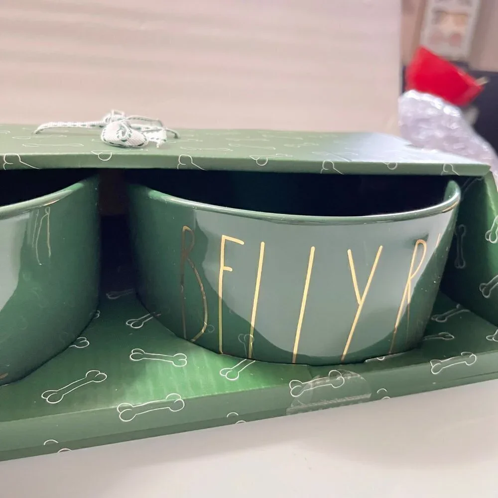 Rae Dunn New Green Peace Love & Belly Rub Pet Food & Water Bowls 2 Piece Set
